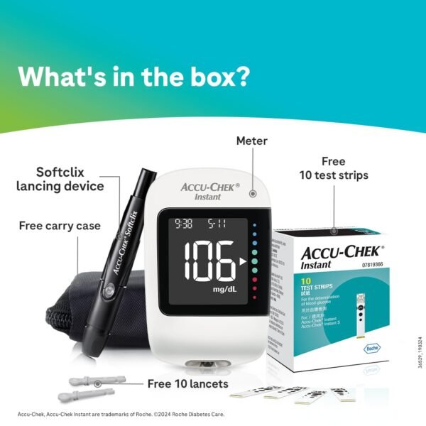 accu chek instant blood glucose glucometer (with bluetooth) with 10 strips, 10 lancets and free lancing device