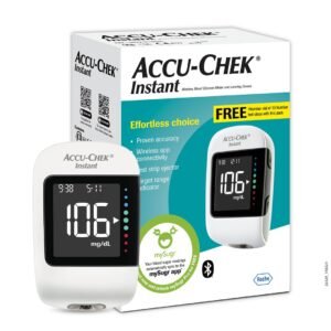 accu chek instant blood glucose glucometer (with bluetooth) with 10 strips, 10 lancets and free lancing device