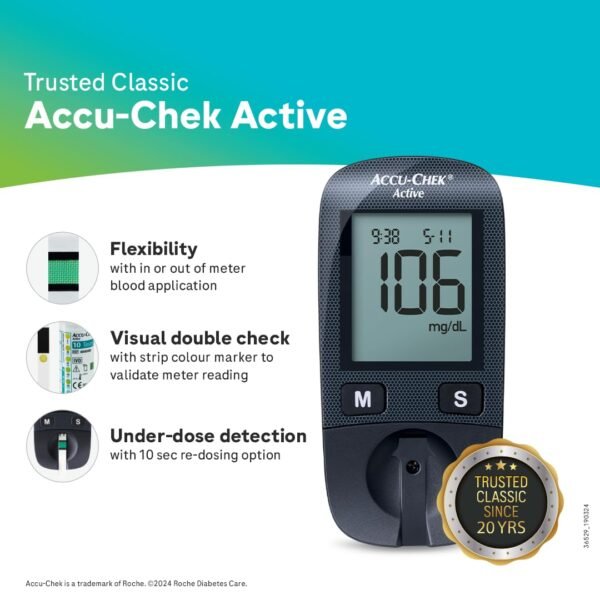 accu chek active blood glucose glucometer kit with 10 strips, 10 lancets and free lancing device