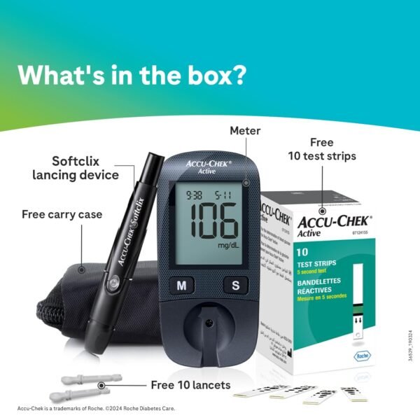 accu chek active blood glucose glucometer kit with 10 strips, 10 lancets and free lancing device