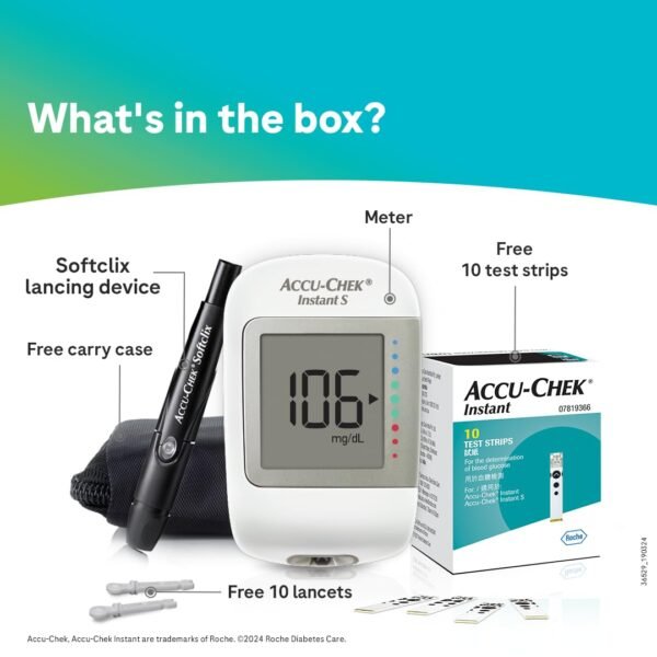 accu chek instant s blood glucose glucometer kit with 10 strips, 10 lancets and free lancing device