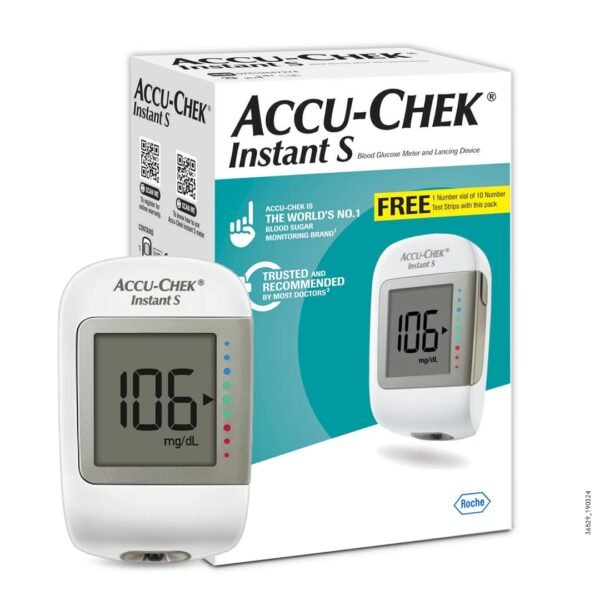 accu chek instant s blood glucose glucometer kit with 10 strips, 10 lancets and free lancing device