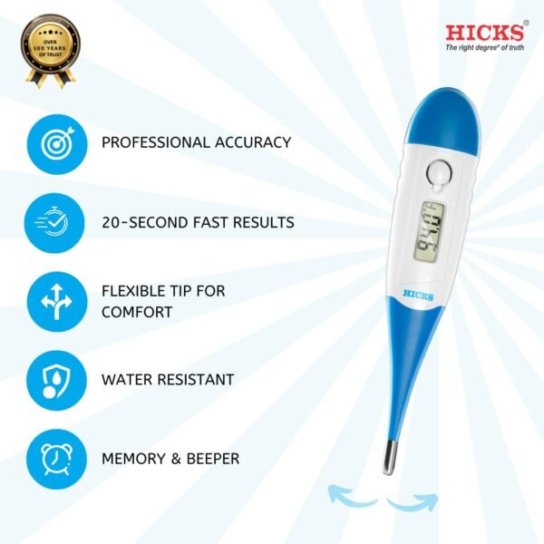hicks dmt 416 digital thermometer for fever: professional accuracy, 20 second fast readings, oral & underarm measurement in dual scale(°f/°c),fever line indicator, one touch operation, water resistant