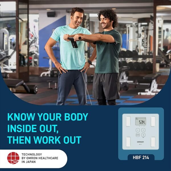 omron hbf 214 digital full body composition monitor with 4 user & guest mode feature to monitor bmi, body age, vesceral fat level, body fat & skeletal muscle percentage (white)