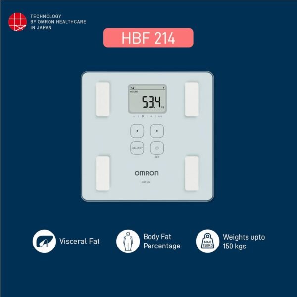 omron hbf 214 digital full body composition monitor with 4 user & guest mode feature to monitor bmi, body age, vesceral fat level, body fat & skeletal muscle percentage (white)